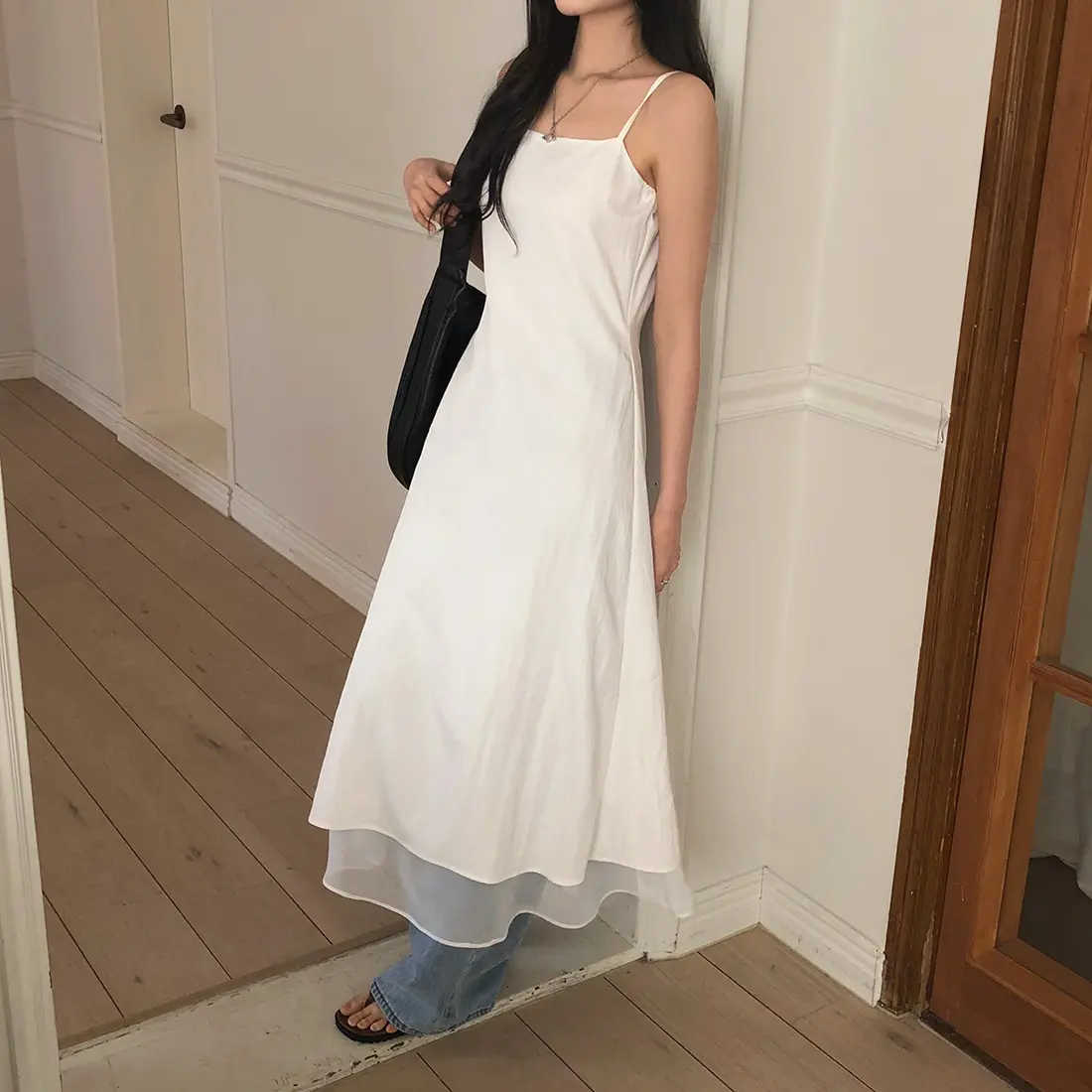 Sweet Chic Summer New A-Line Dr Women's Strapl White Long Dr Korean Sle ملابس غير رسمية للتصوير الفوتوغرافي في شارع المدرسة...