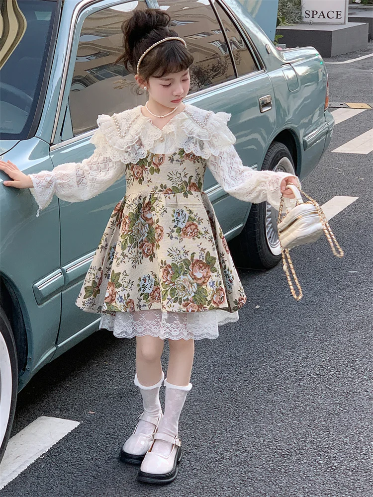 

Vintage Fashion Kids clothes Girls Dress Lace Blouse Tops Dress 2Pcs/set Spring Outfits Spanish Style Teenage Young Girl Dresses