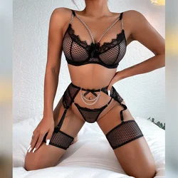 Women Sexy-Lingerie Lace Bra G-String Set Nightwear Sleepwear Underwear Pajamas Four Piece Set Without Steel Ring Sex Costume