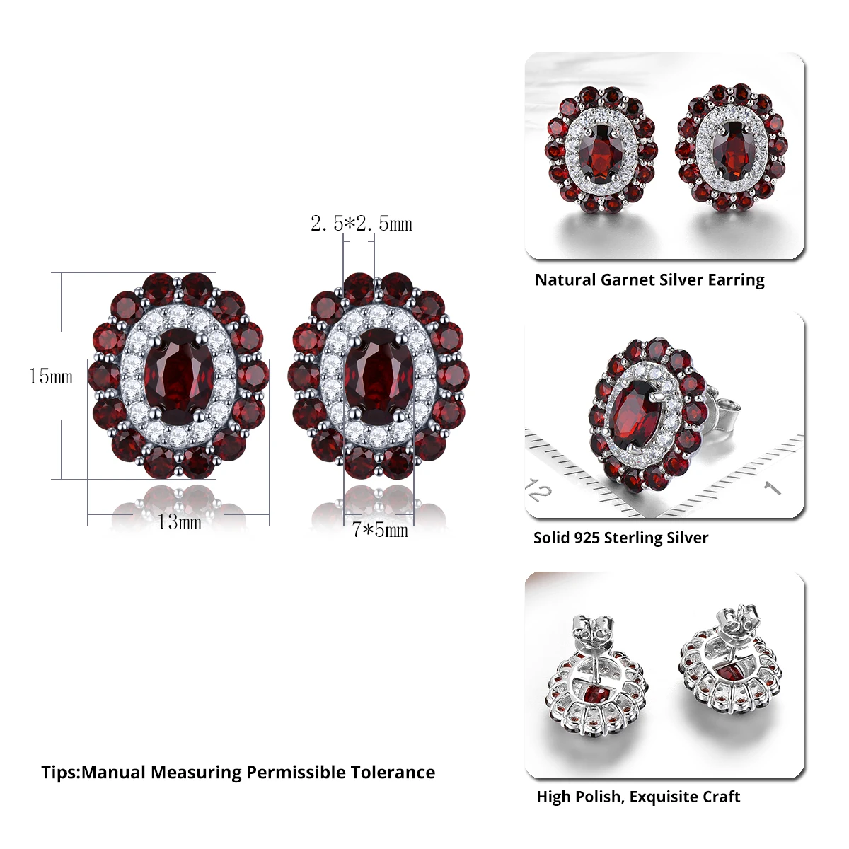 Imagem -02 - Red Garnet Sterling Silver Stud Brinco 55 Quilates Gemstone Genuine S925 Fine Jewelry Presentes de Natal Romântico Clássico Natural