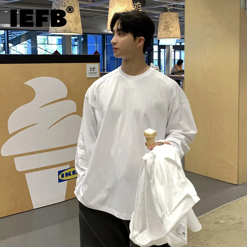 

IEFB Minimalist Men's T-shirts Casual Slit Round Collar Tops Solid Color Loose New Autumn Long Sleeve Male Tees Fashion 9C7789