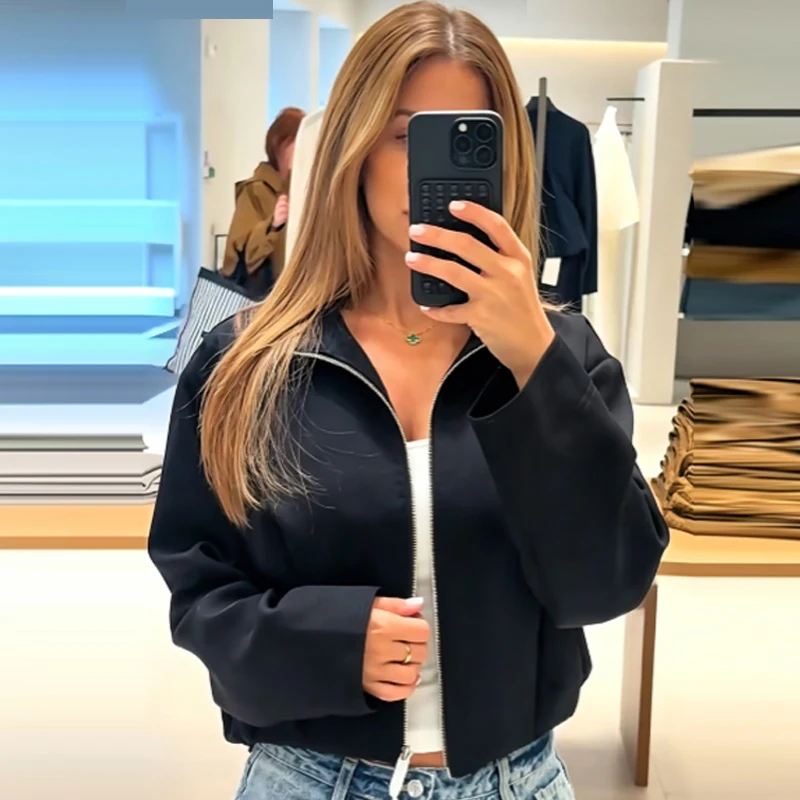 HXAO Kurze, lockere Jacke, Damen-Bomberjacke, Herbst, lässig, schwarz, rot, Oberbekleidung, Stehkragen, Reißverschluss, Oberteil für Damen, Bürojacke – Detail 6