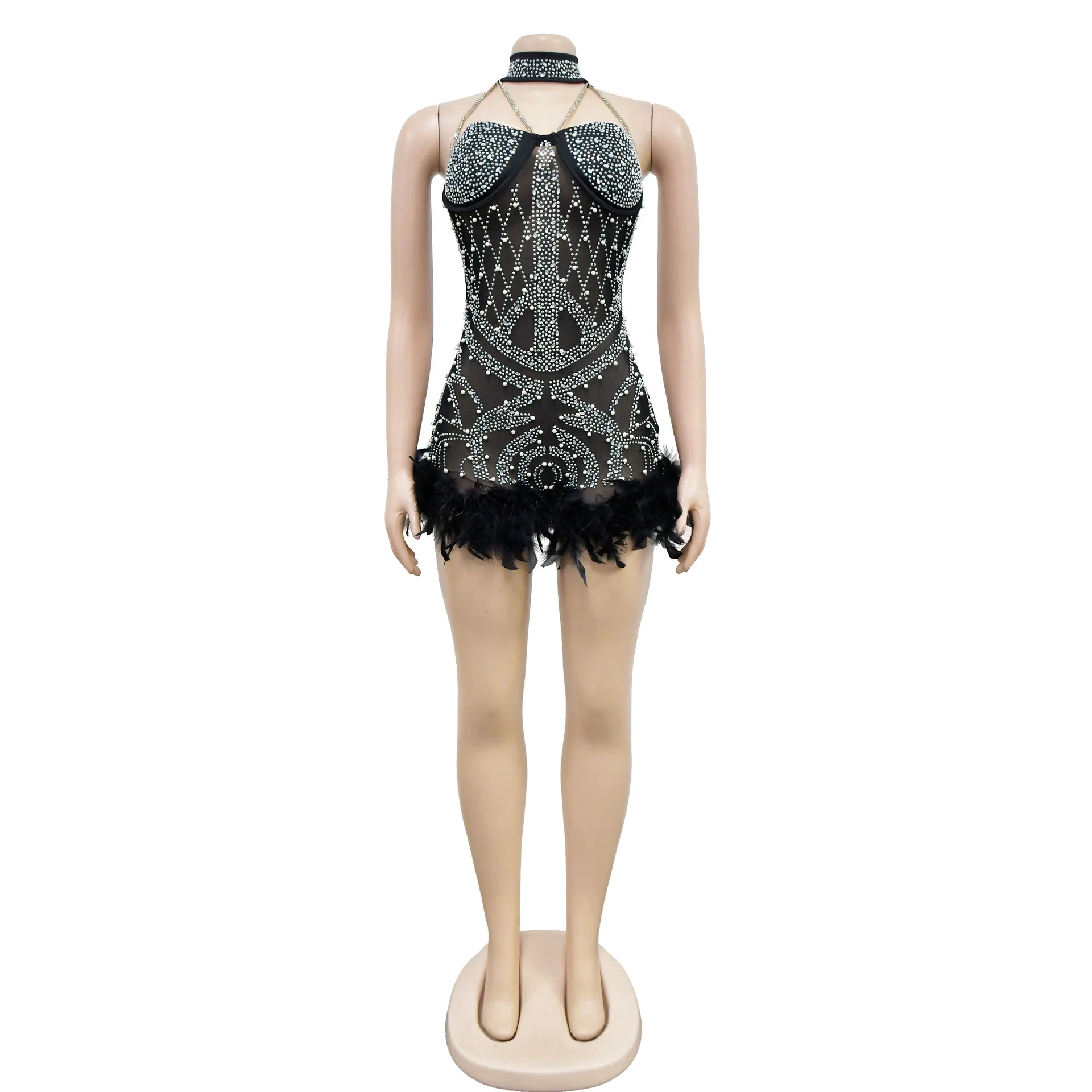 Mikhalkov-Conjunto de una pieza para mujer, ropa con diamantes de imitación brillantes, cuello Halter, plumas, Sexy, fiesta de cumpleaños, Club