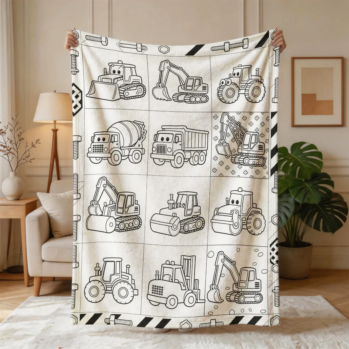 Decorative Construction Vehicle Throw Blanket for Baby Boy Nursery Decor Dump Truck Excavator Machine Pattern Plush Cozy Gift