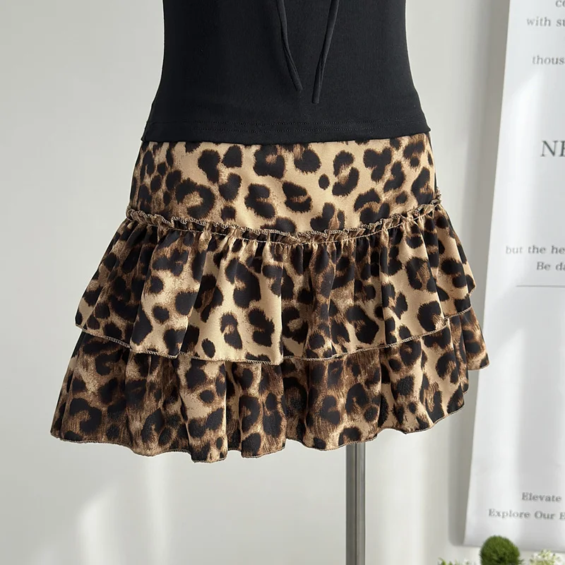 Vintage Leopard Mini Skirt Women Summer Hottie Streetwear Sexy Cake Skirts Korean Ruffles A Line Casual Retro Pleated Skirts New