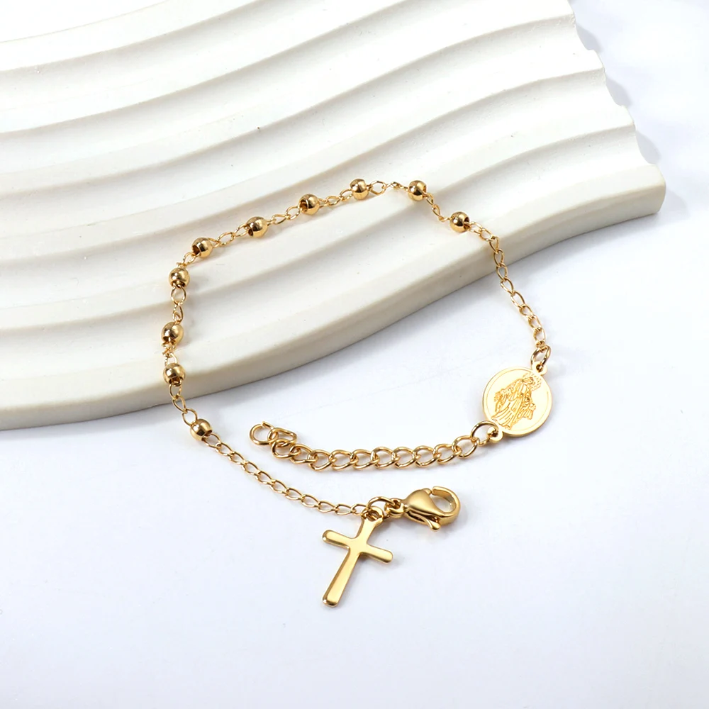 LUXUSTEEL Cross Rosary Bracelet For Women Men Virgin Mary Religious Prayer Bead Link Chain on Hand Christian Jewelry Adjustable