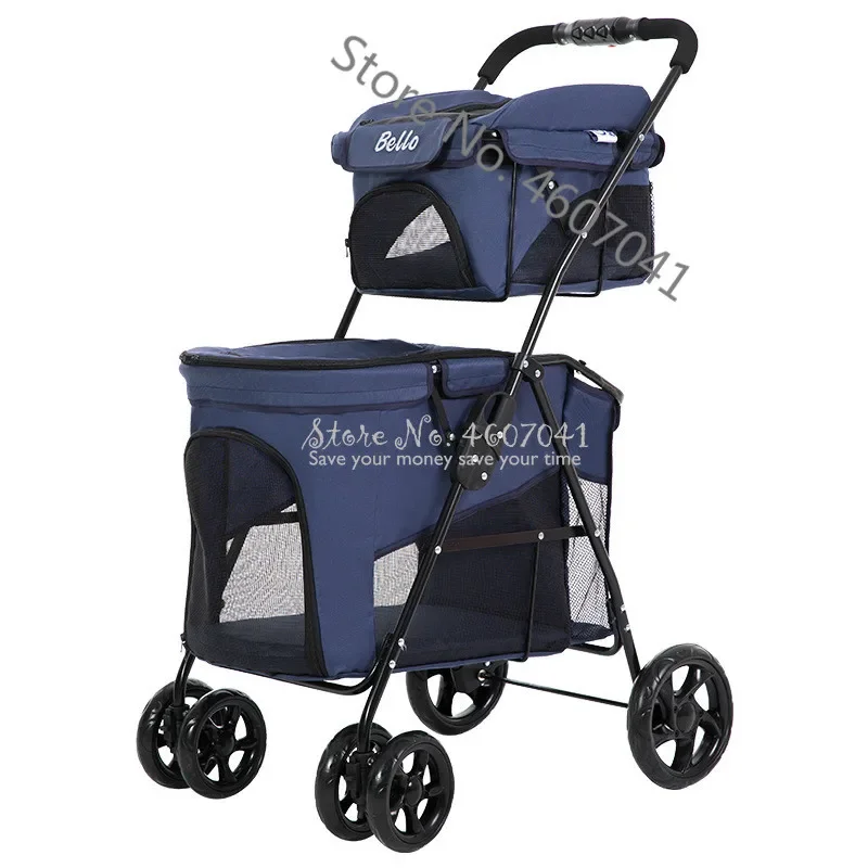 Lightweight Folding Pet Double-layer Trolley Dog Pet Stroller Cat Cage Four-wheeled Outdoor Travel