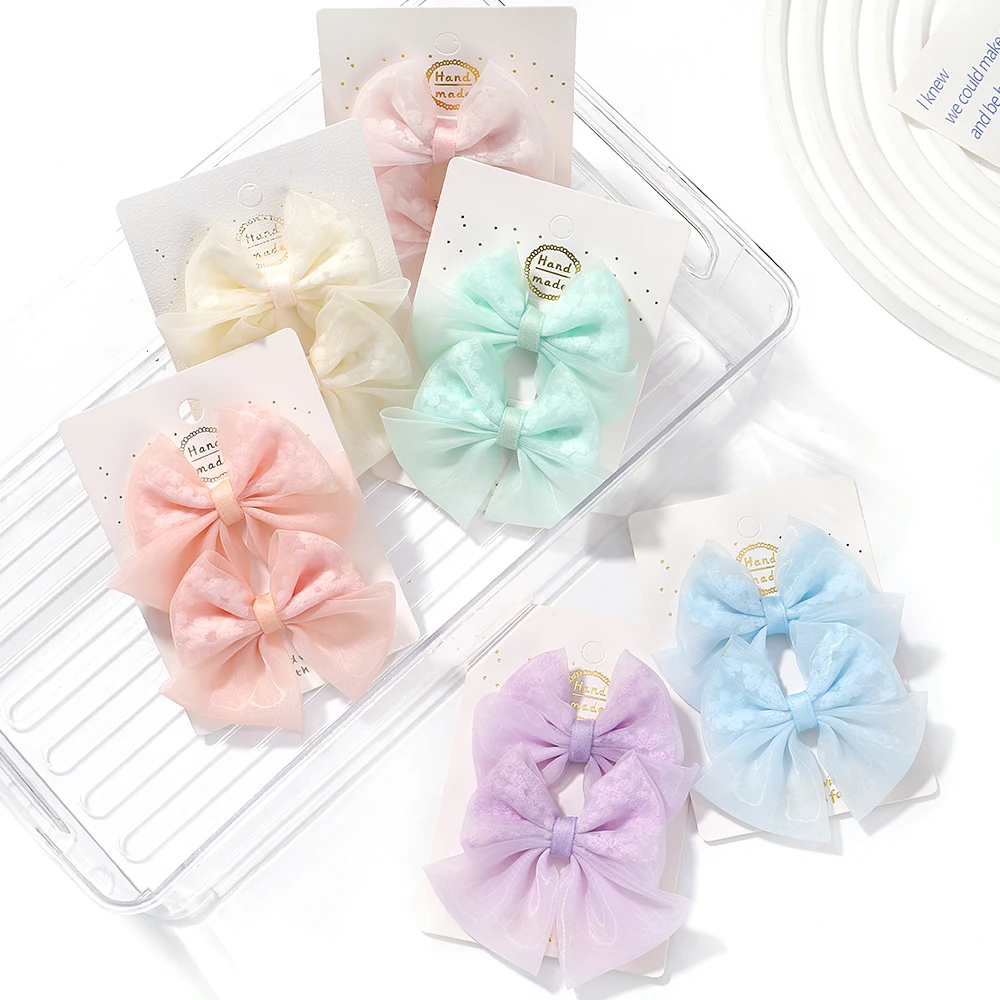 2 Pcs/set New Fashion Summer Girls Elegant Organza Bow Hairpins Sweet Kids Solid Safe Hair Clips Princess Hair Accessories Gift