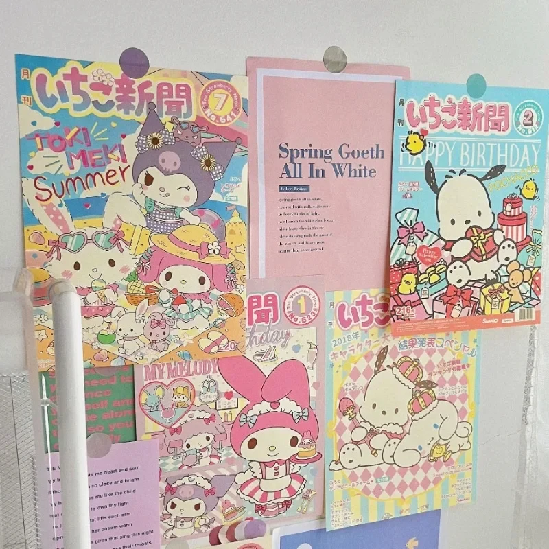 Kawaii Hello Kitty Sanrio Monthly Poster Anime Kuromi Cinnamoroll Y2K Diy Wall Sticker Girl Dormitory Bedroom Decoration Gifts