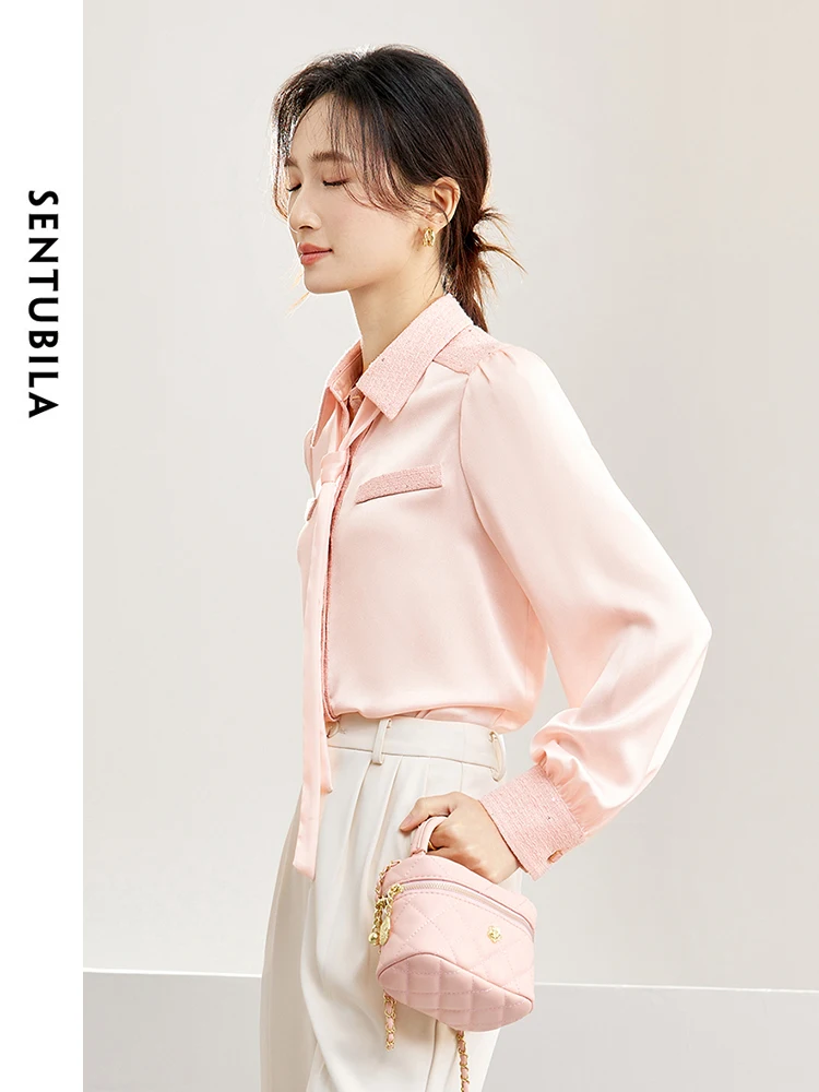 SENTUBILA Spliced Lace-up Bow Pink Shirt & Blouse Female 2024 Spring Office Lady Elegant Long Sleeve Top Women Clothes 141C53245