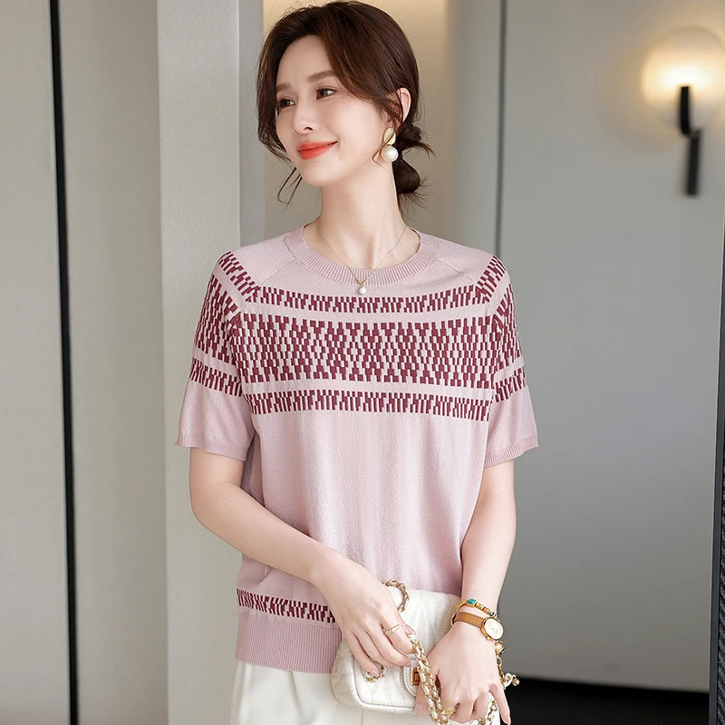 アイスシルクニット半袖トップ-若い母親向け-夏-カジュアル-おしゃれ-ゆったりフィット-レディース服-ラウンドネック-薄手生地