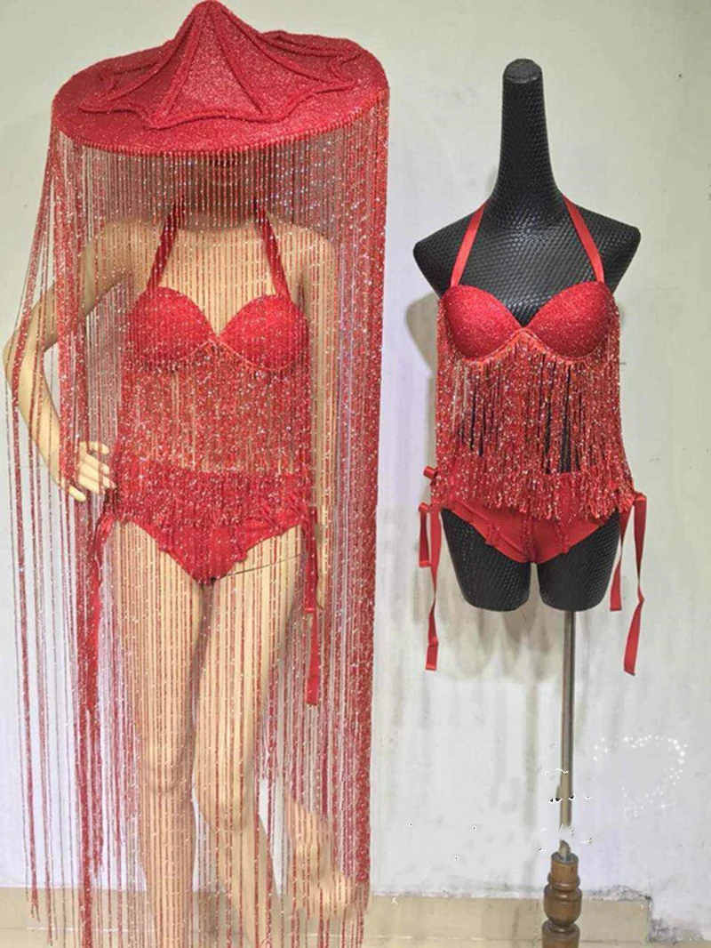 2025 جديد أنثى هامش بيكيني جوجو ملابس رقص الجاز شرابة قبعة المرحلة زي ملهى ليلي المغني راقصة أداء الهذيان الملابس