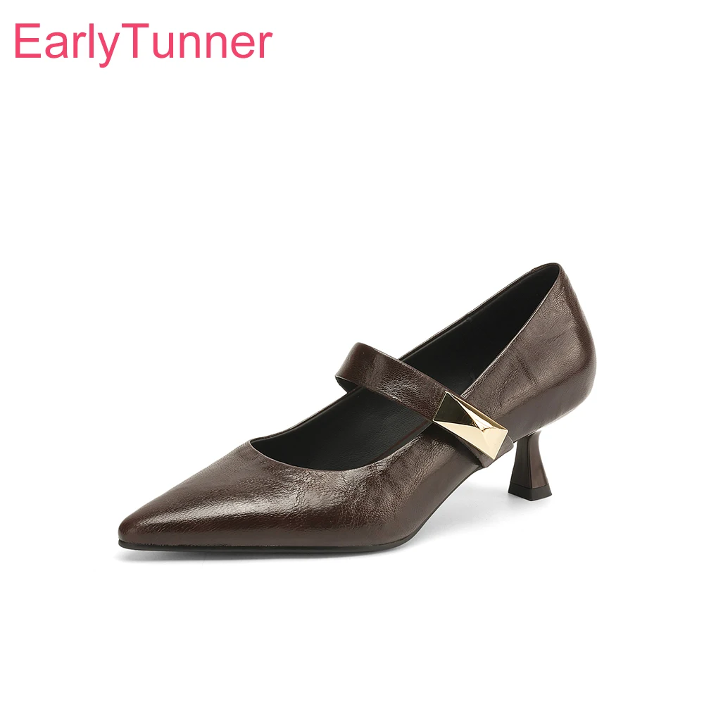 

2025 New Quality Geniune Leather Black Brown Women Pumps High Thin Heels Office Lady Shoes Plus Big Small Size 32 45 47
