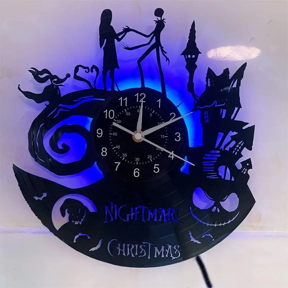 Christmas Nightmare Vinyl Record Wall Clock Creative with 7Color Glowing Night Light Clock 12Inches Handmade Home Decor Gifts