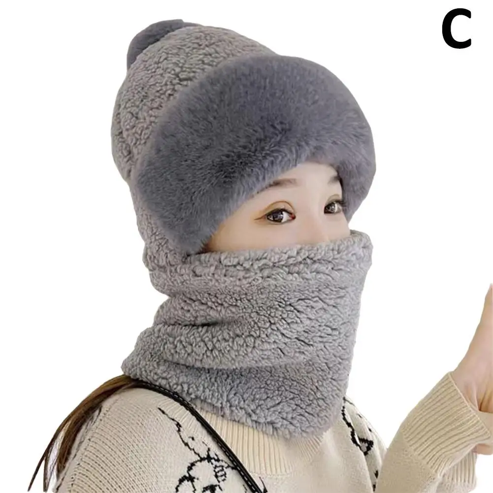 Gorro tejido para invierno, bufanda, máscara, gorros con pompón de felpa de una pieza para mujer, forro polar, gorro cálido, protección para el cuello y las orejas, esquí B2E3