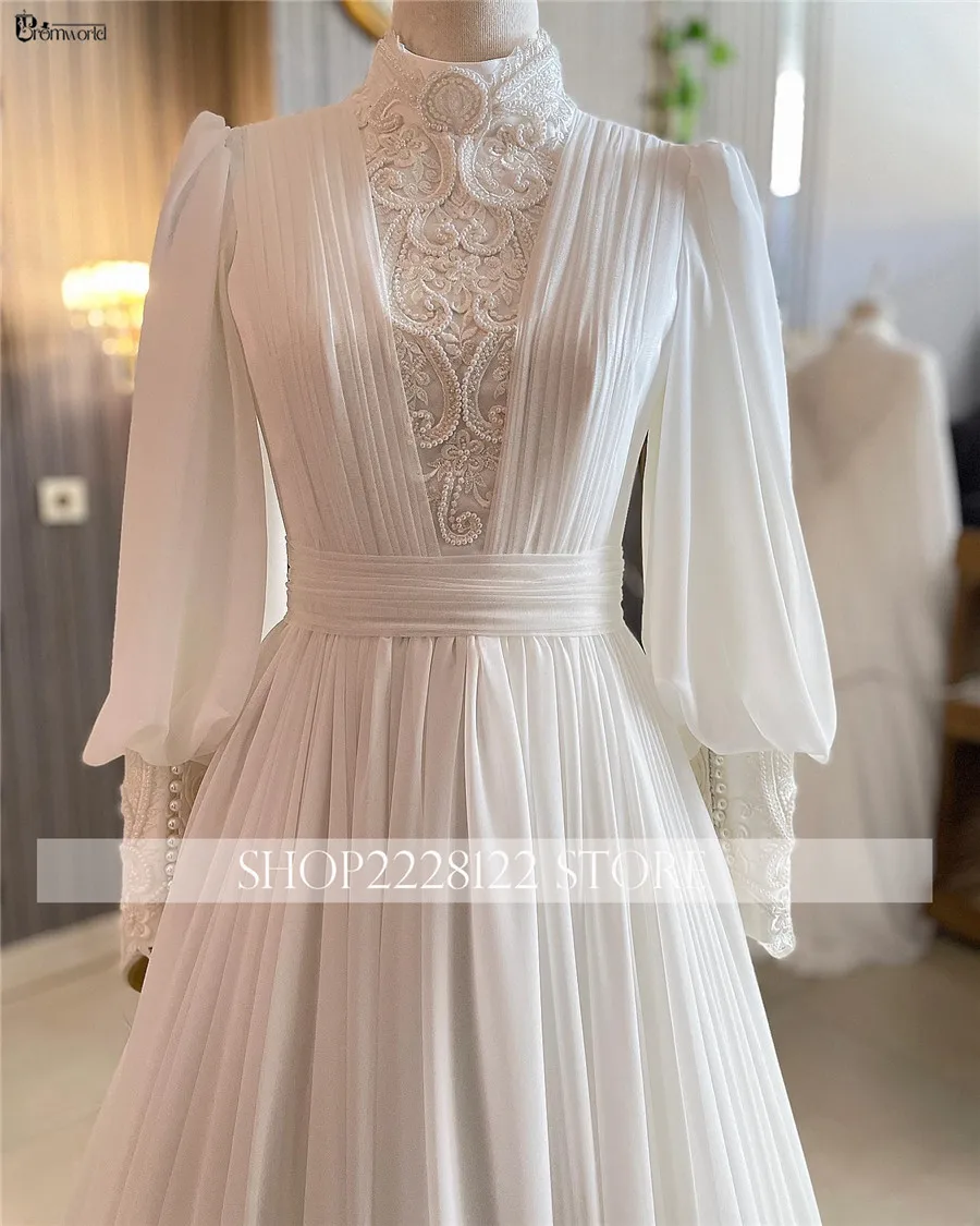 

Мусульманские свадебные платья с длинным рукавом для невесты, шифоновый жемчуг, исламское свадебное платье с высоким воротом, Дубай, хиджаб, халат De Mariée 2024