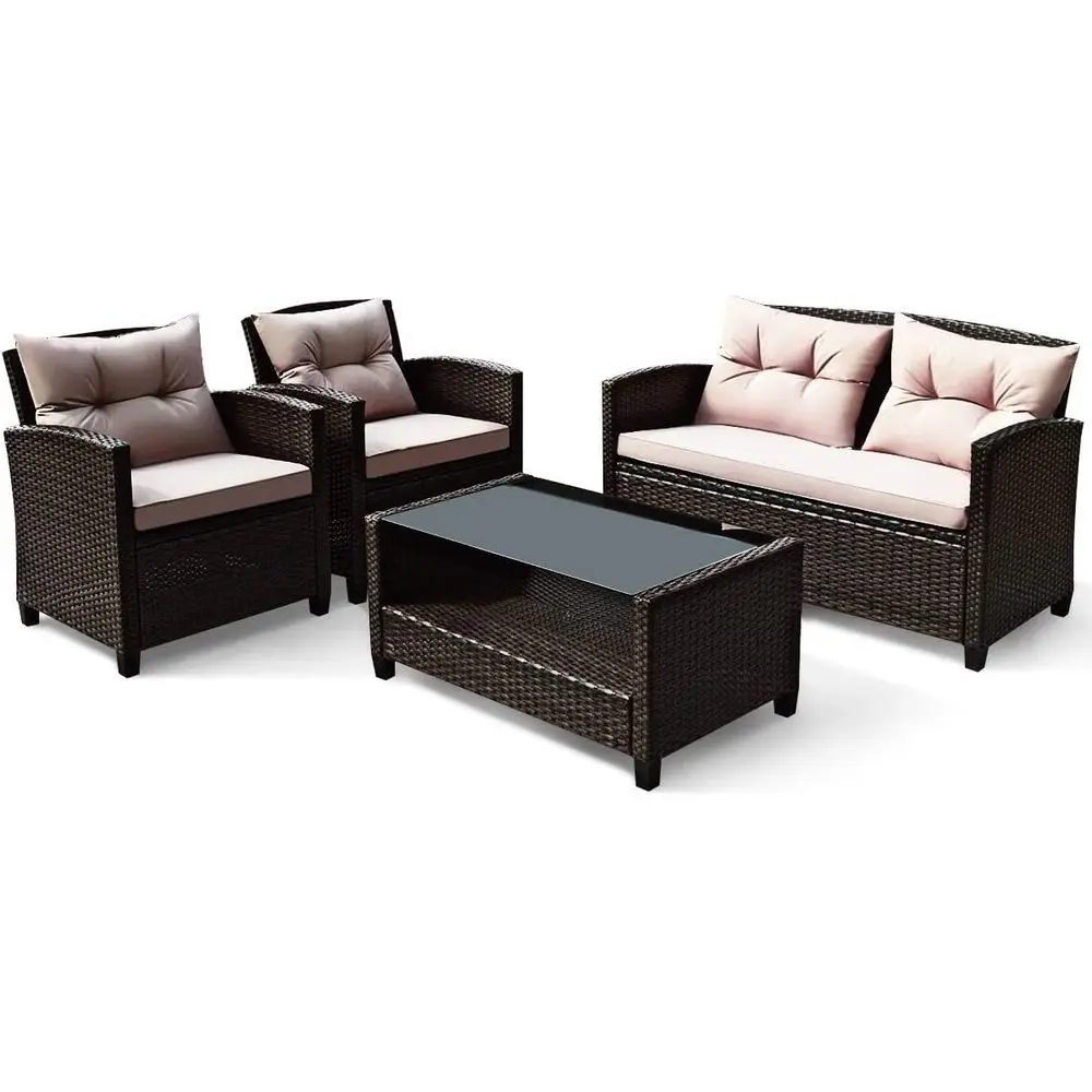 

Коричневый комплект плетеной уличной мебели из 4 предметов с двухместным сиденьем, стульями и журнальным столиком для патио, крыльца, сада и у бассейна