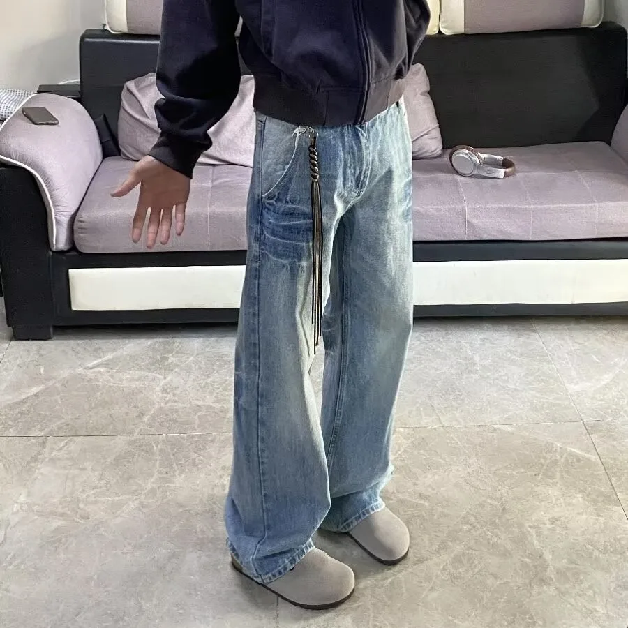 

Мужские свободные синие мешковатые джинсы в стиле ретро, модные прямые джинсовые расклешенные брюки-карго Y2K, уличная одежда, брюки