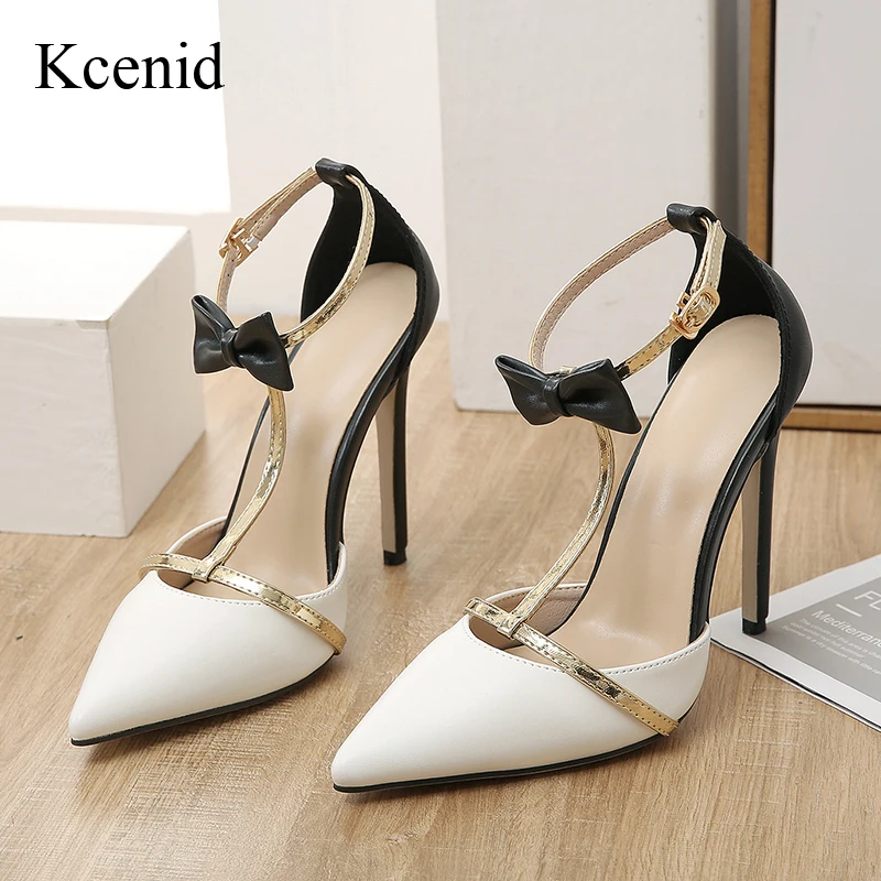 

Kcenid Street Style Pointed Toe Bowknot New Designer Ankle Buckle Strap Pumps Women Thin High Heels Party Prom Sandals Size35-42