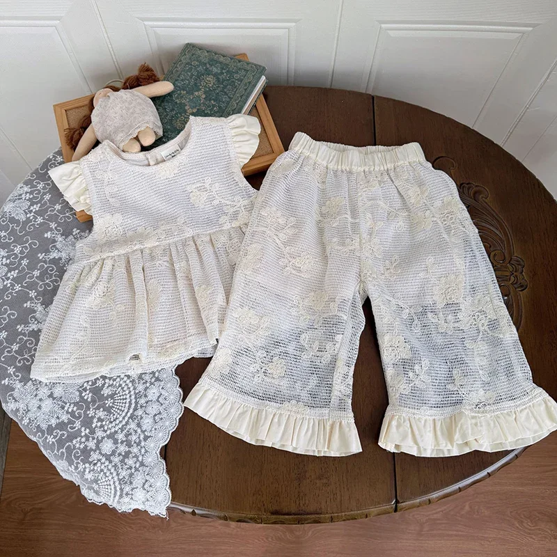 2026 New Summer Kids Clothing 1-5Yrs Children Clothes Set Baby Girl Clothes Suit Flying Sleeve Embroidery Vest+Pants
