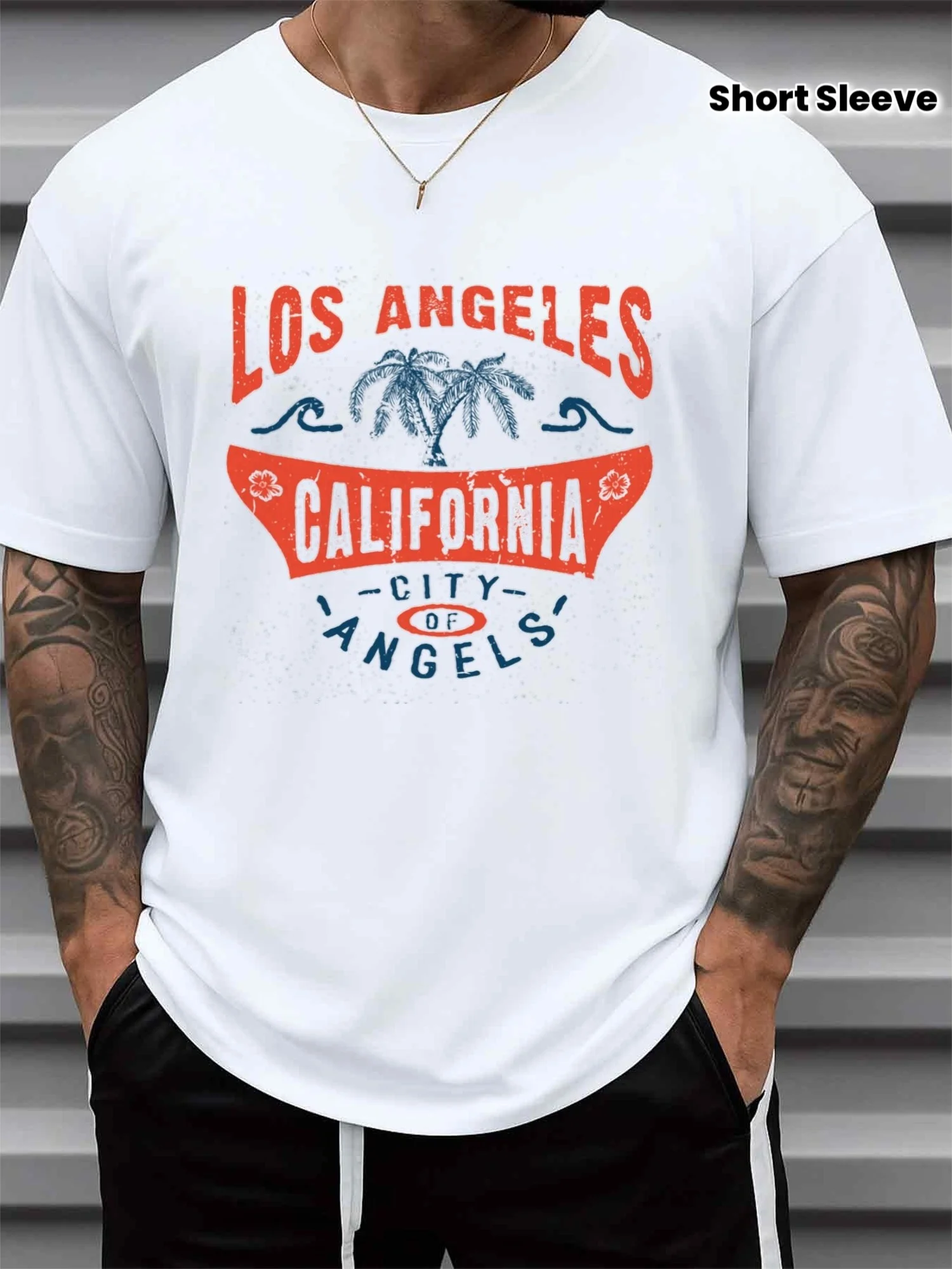 Men's Los Angeles Style Pure T-Shirt - White Casual Short-Sleeve Crew Neck Shirt with Iconic Logo, Comfortable for Everyday Wear, Suitable for Gym, Outdoor, and Casual Outfits