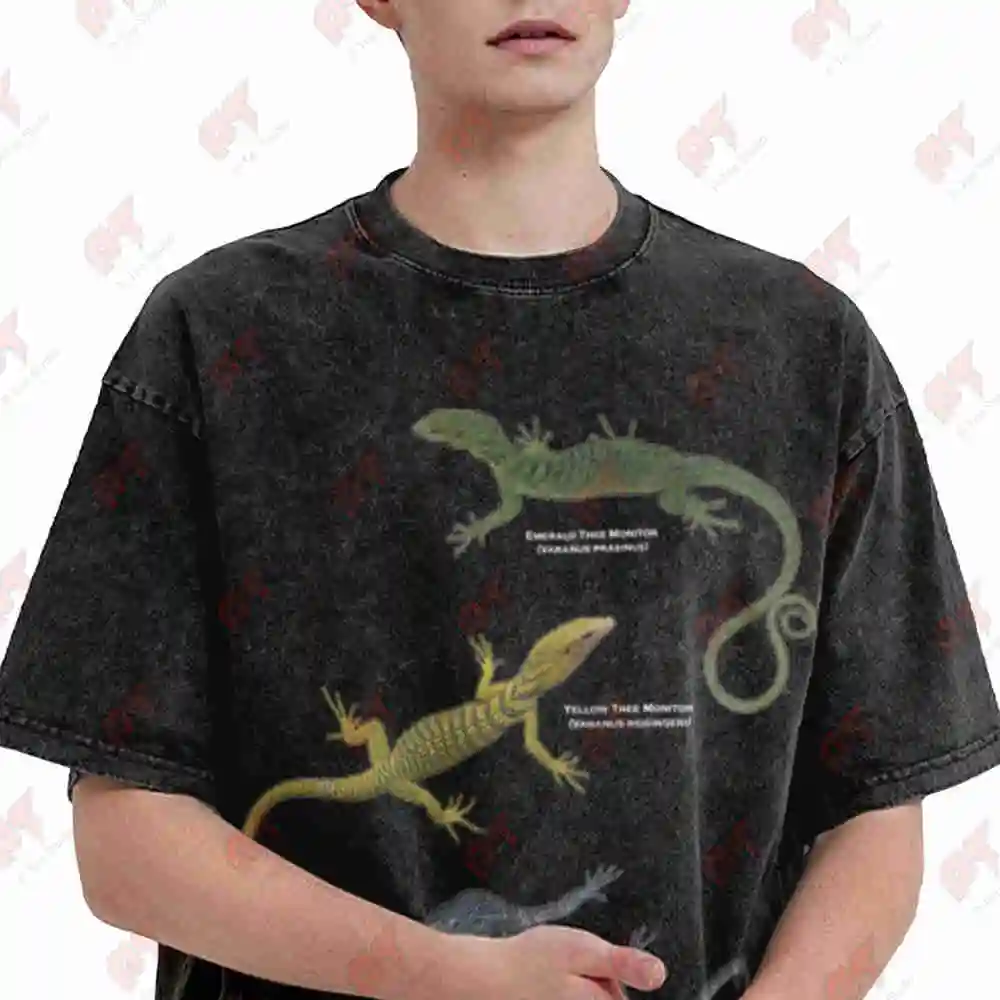 Tree Monitor Lizard Reptile Illustration Vintage Washed Tee Pure Cotton T-Shirt