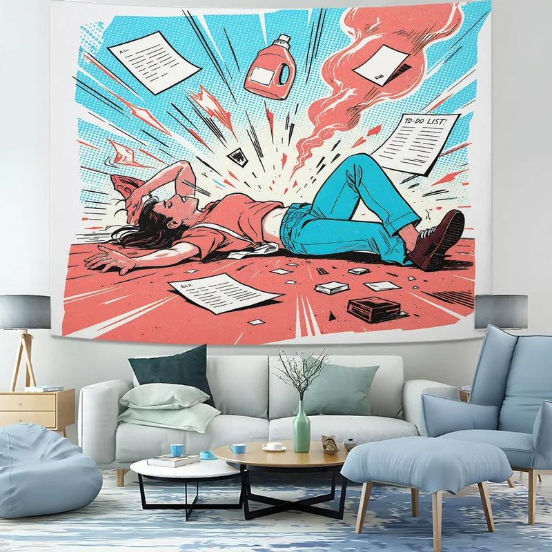 Office Burnout Wall Tapestry Tired Worker Messy Desk Coffee Cup Print Wall Hanging Retro Tapestries Wall Backdrop Decor Gift