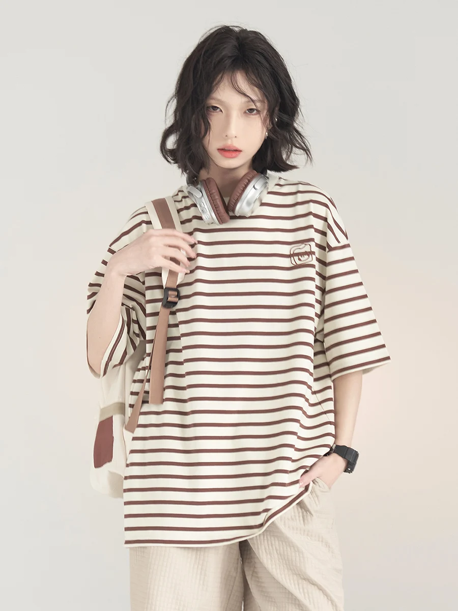 

Новая летняя женская свободная полосатая футболка ort Sve, нейтральный хлопковый впитывающий пот круглый топ Ne стандартного кроя