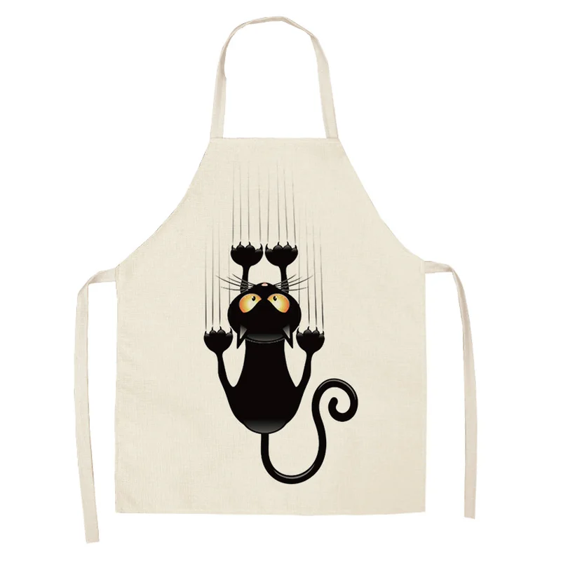 Cartoon Black Cat Pattern Women's Kitchen Apron Linen Stain Resistant Sleeveless Apron Home Cooking Baking Bib Cleaning Tool