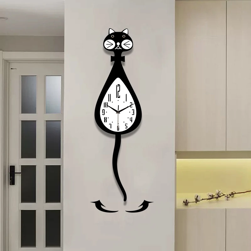 ساعة حائط على شكل قطة كرتونية ممتعة مع وظيفة أرجوحة ذيل، ساعة هادئة مناسبة لغرفة المعيشة وغرفة النوم والديكور المنزلي #2
