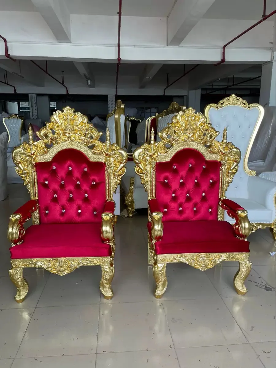 2pcs Cheap China Antique Gold Double Luxury Royal Bride Throne Chairs Wedding for king and Queen