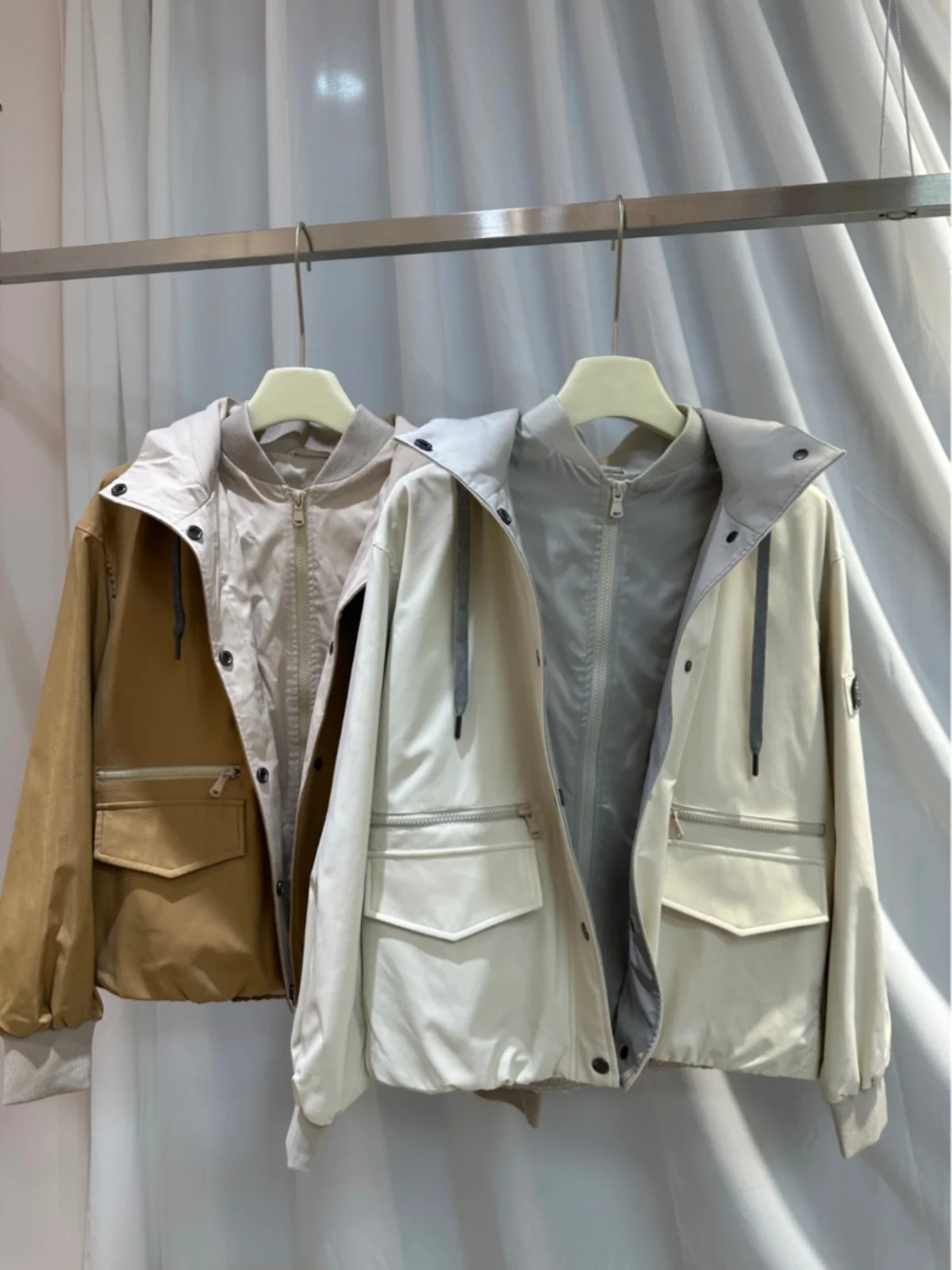 2024 Spring and Summer New B/C Hooded Jacket Coat Loose Casual Double Zip Clash of Colours Trench Coat Women