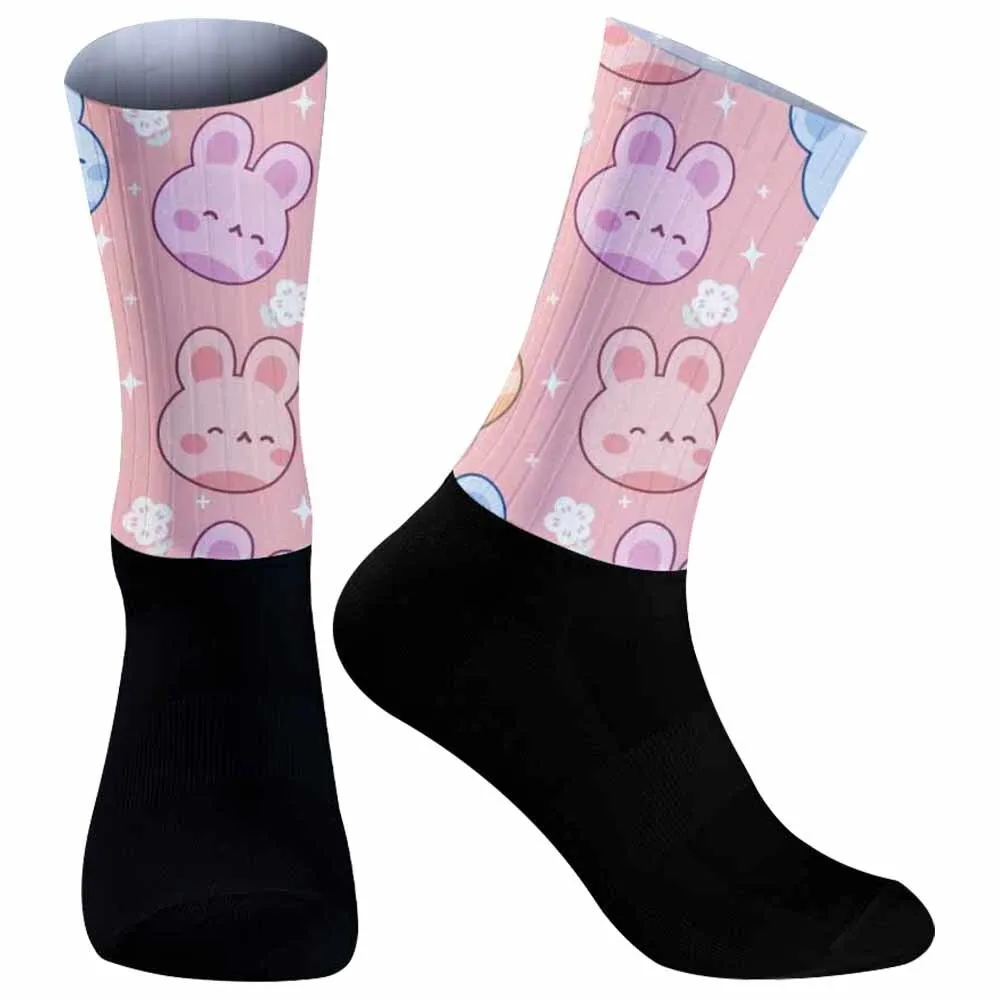 Non-Slip Seamless Silicone Running Sports Road Bike Socks New Ice cream bunny Striped Cycling Socks Christmas socks