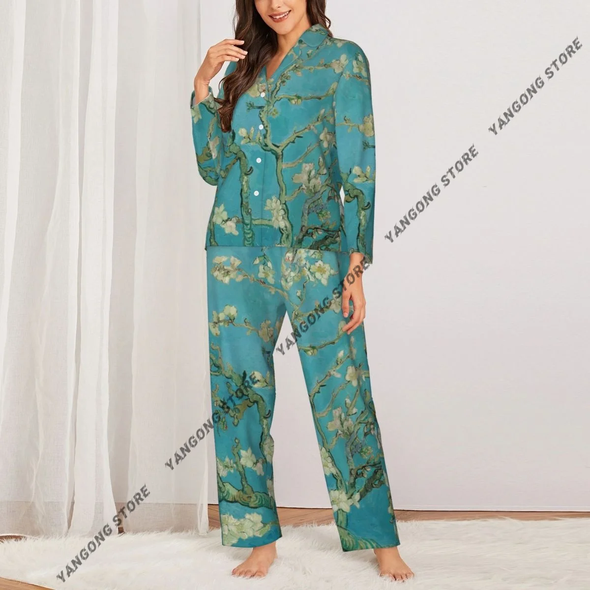 Spring and Autumn Pajama Set Women's Long Sleeve Pants Two Piece Van Gogh Blossoming Almond Tree Home Furnishing Set