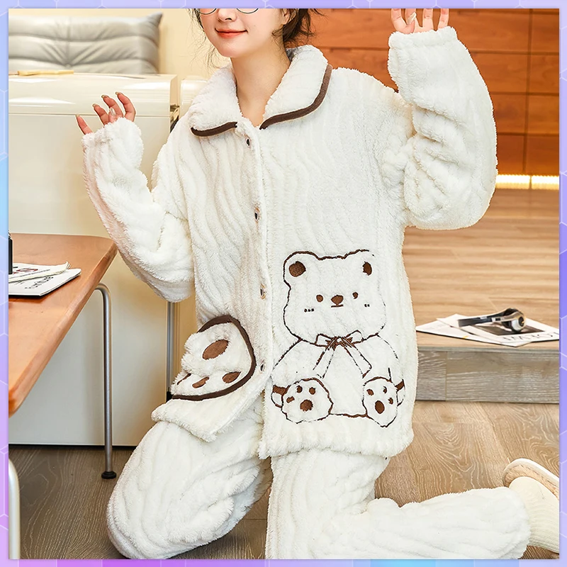 

Coral Velvet Winter Warm Women's Pajamas Thickened Pijama Feminina Long Sleeve Pajama Sets Flannel Homewear Cute Nightgown Suit