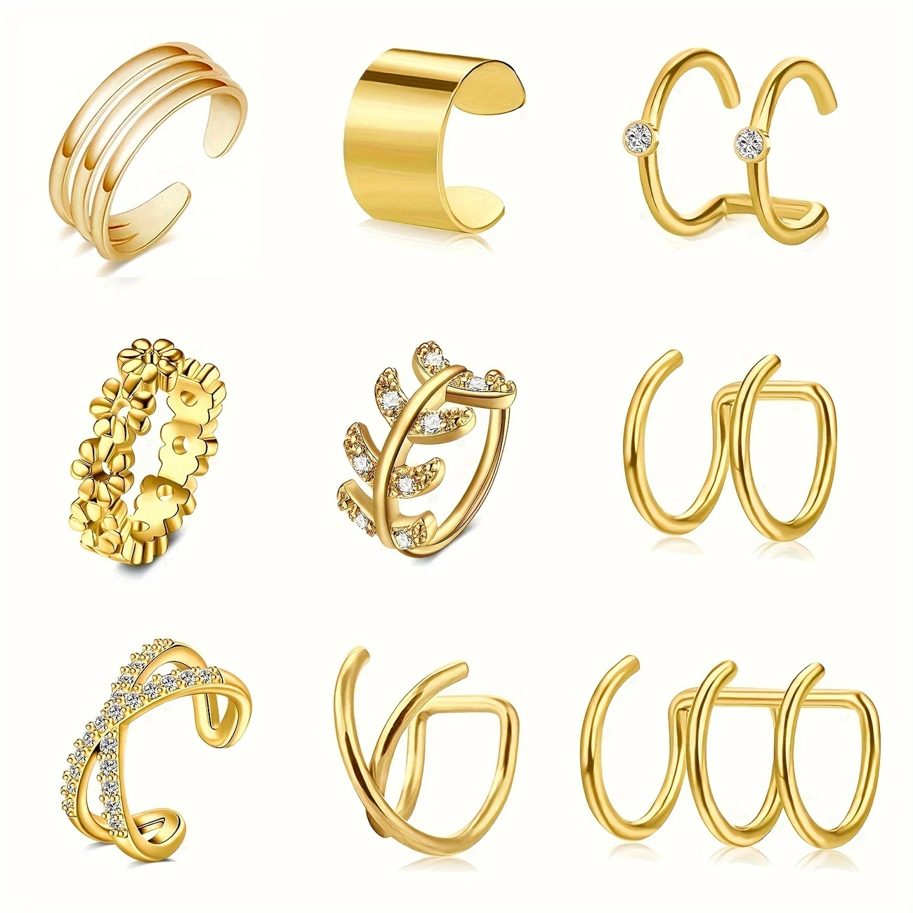 

9pcs Simple Style Stainless Steel Ear Cuff Set Rhinestone Non-Pierced Helix Earrings Ear Clips for Men Women Daily Holiday Wear