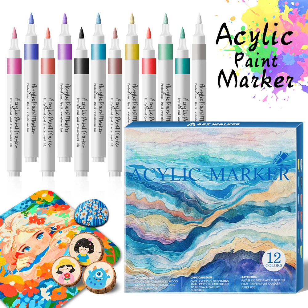 

12/24 Colors Soft Headed Acrylic Paint Art Marker Pen Set Graffiti Pen Waterproof Fade-Resistant Stone Ceramic Glass Wood Crafts Art Supplies