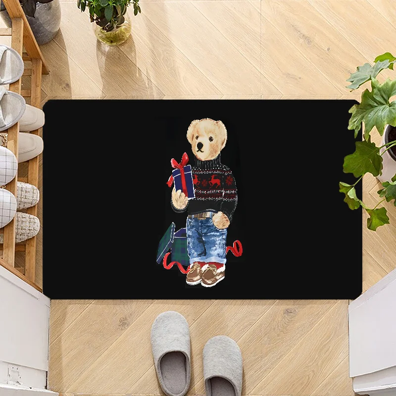 Cute Teddy Bear Happy Door Mat Entrance Non-slip Doormat Washable Kitchen Carpet Hallway Rugs Bathroom Bath Door Mats