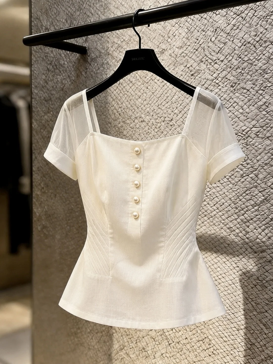 

Fashionable Square Collar Short Sleeve Women's Chiffon Shirt Slim Fit Gentle Summer Versatile Slimming Small Shirt