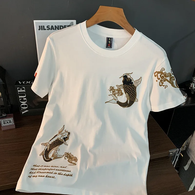 Ethnic style Koi embroidery short sleeved T-shirt for men's summer 2025 new Chinese style trendy