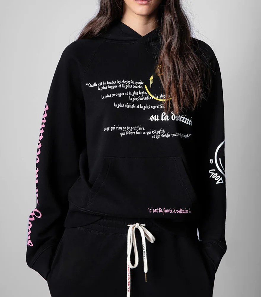 Letter Printed Hoodie Sweatshirt For Women Raglan Sleeve 100% Cotton Back Happy Face Pocket Pullover Sweatshirt Luxury Y2k Tops