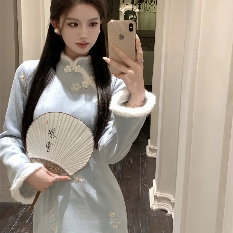 Thiened Floing nuevo chino Sle Dr mujer Otoño Invierno nuevo bordado Retro mejorado falda acampanada de cintura alta