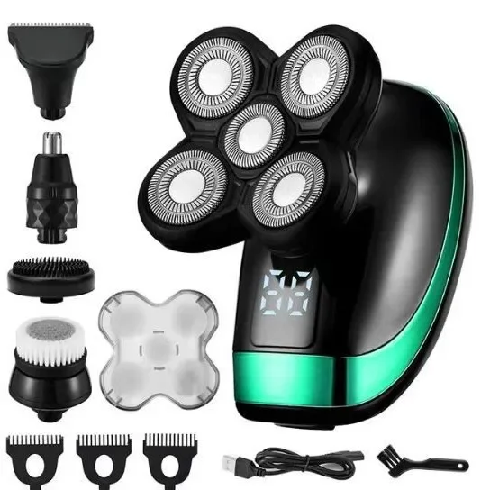 

2025Цифровой дисплей, 5 ножевых головок, электрическая бритва, машинка для стрижки лысины, перезаряжаемая бритва 5-в-1