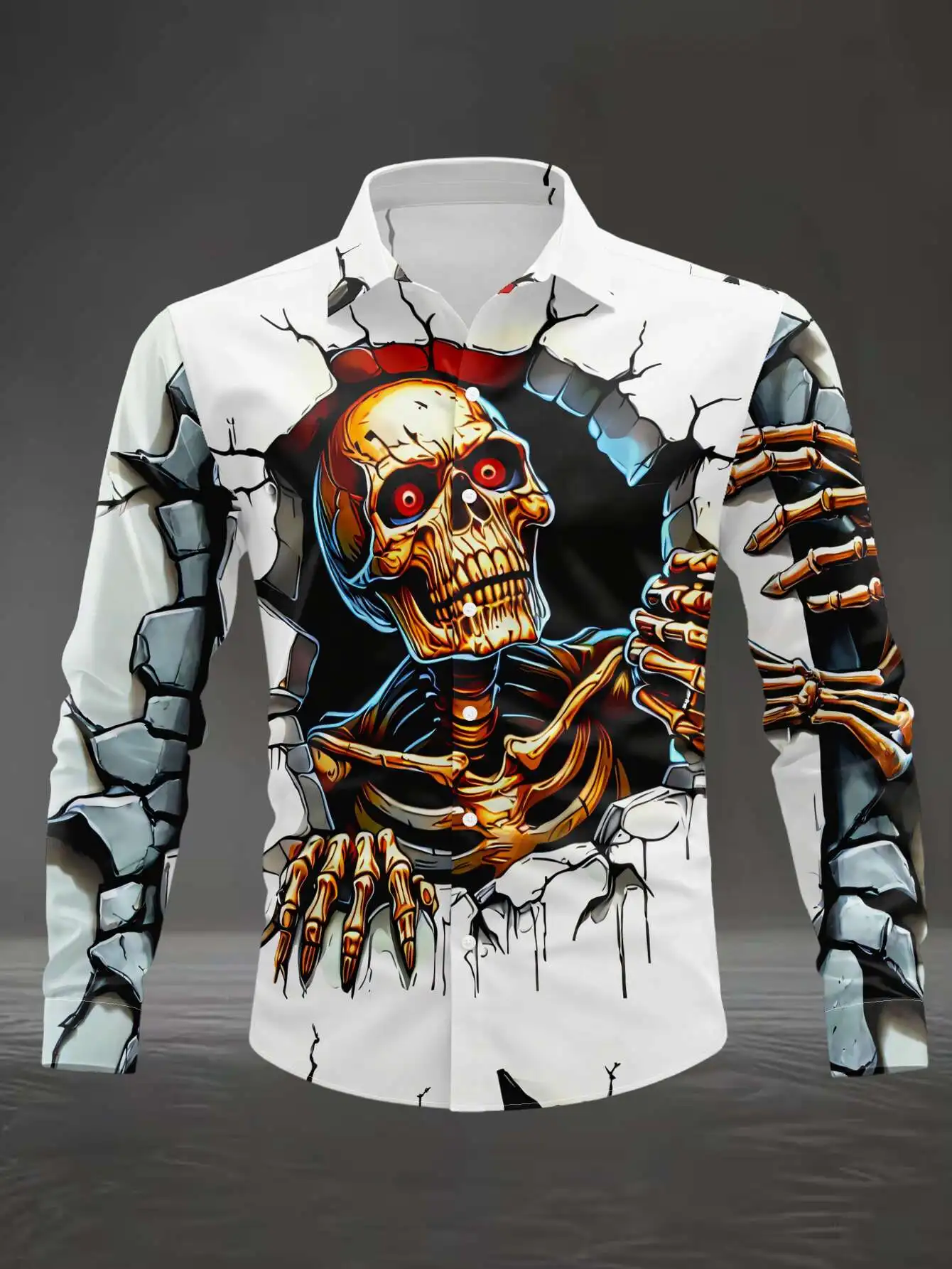 Men Gothic 3D Skeleton Breaking‑Wall Print Long Sleeve Shirt Lapel Collar Button‑Up Polyester Horror Party Blouse