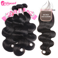 Body Wave Human Hair Bundles With Closure 4x4 Free Part Pre Plucked Brazilian Bundles With Closure Remy Hair Extension AliPearl