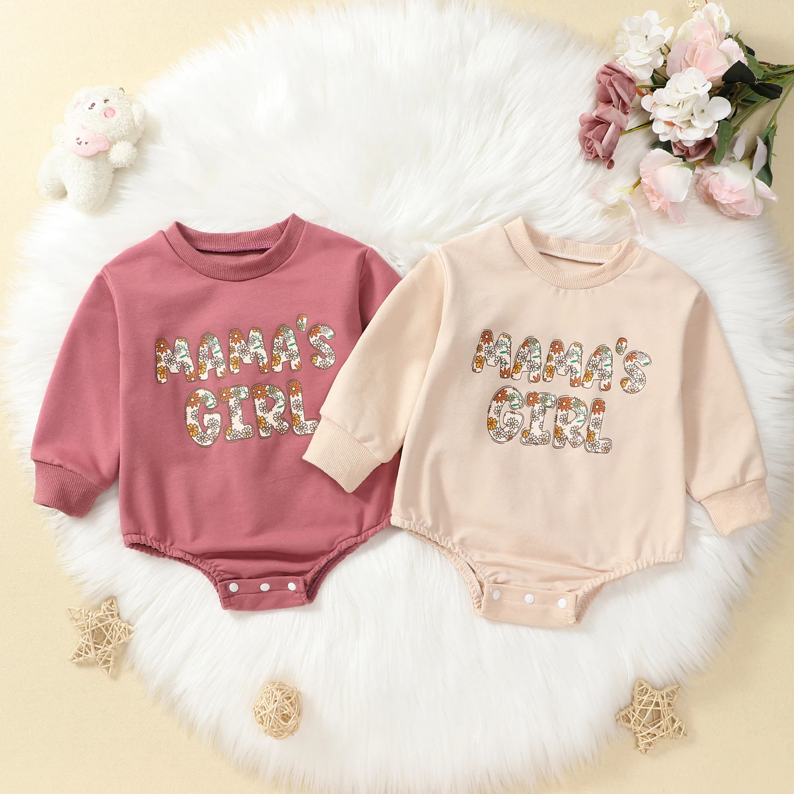 BeQeuewll Newborn Baby Girls Bodysuits Spring Autumn Letter Floral Print Infant Romper Long Sleeve Casual Toddler Clothes