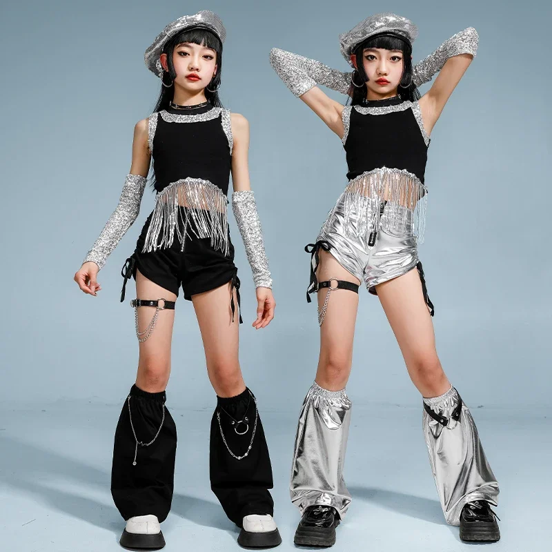Hip Hop สาว Sequined Tassels Crop Tops ร้อนสั้น Street Dance กระโปรงเด็ก K-pop Streetwear เด็กแจ๊สเสื้อผ้าชุดเครื่องแต่งกาย