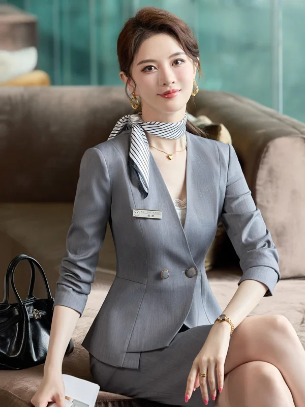 Gray Professional Women's Suit Set Spring Autumn 2026 New Model Hotel Reception Workwear High End Managerial Uniform