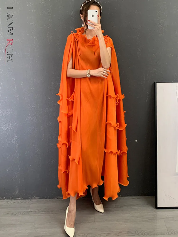 

LANMREM Pleated Long Dress Female Loose Bandage Ruffles Design Solid Color Dresses Women's Fashion Clothing 2024 Autumn 2W2090