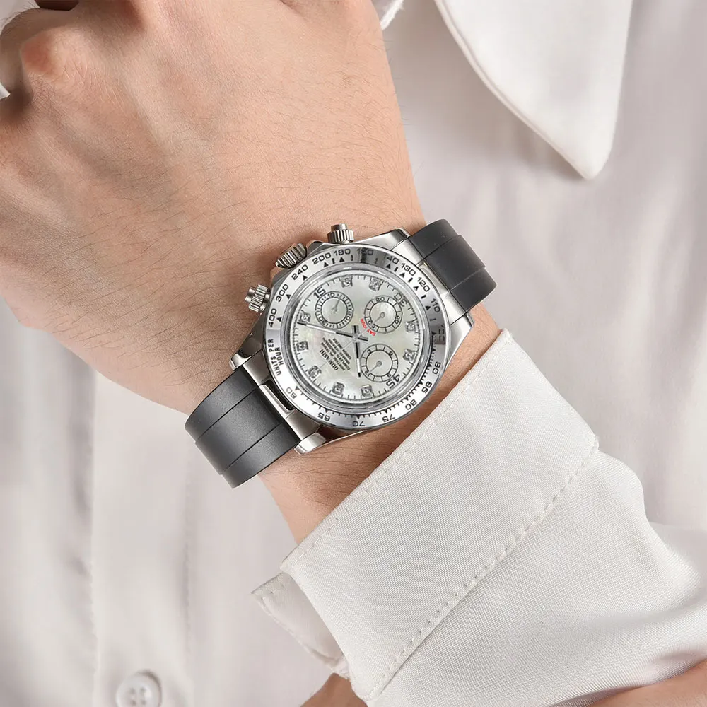 นาฬิกาสีเงินขนาด 39 มม. กลไก VK63 โครโนกราฟ กระจกแซฟไฟร์ สายยาง นาฬิกาผู้ชายแบบธุรกิจสั่งทำพิเศษ 10 บาร์